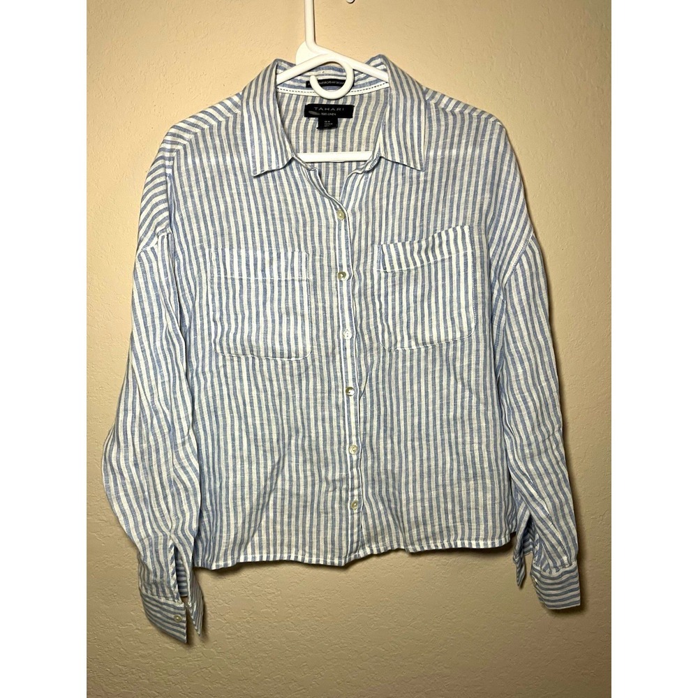 Tahari 100% Linen Blue/White Striped Collared Long Sleeve Button-Up Blouse M